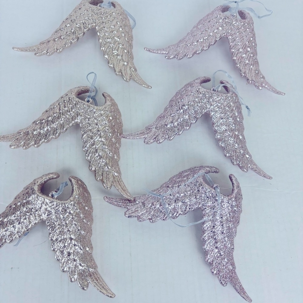 6-pc Glittery angel wings/pink & silver colors-Holiday Christmas ornaments